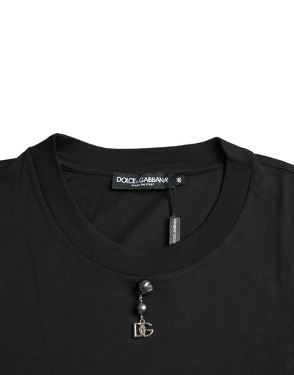 Dolce &amp; Gabbana – Schwarzes, verziertes T-Shirt aus Baumwolle mit Rundhalsausschnitt