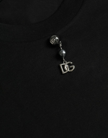 Dolce &amp; Gabbana – Schwarzes, verziertes T-Shirt aus Baumwolle mit Rundhalsausschnitt