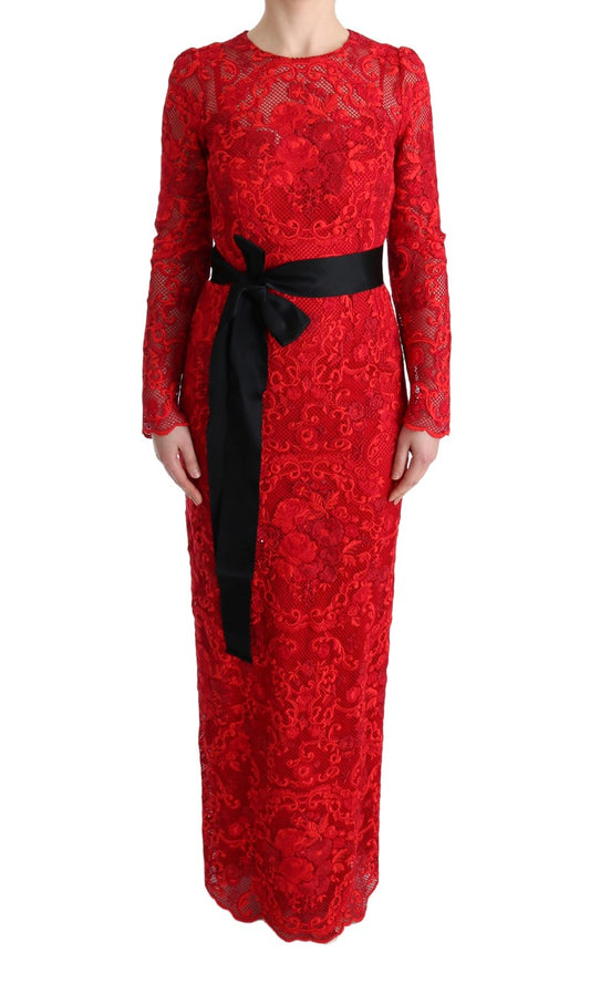 Dolce &amp; Gabbana – Langes Etuikleid „Ricamo“ mit rotem Blumenmuster