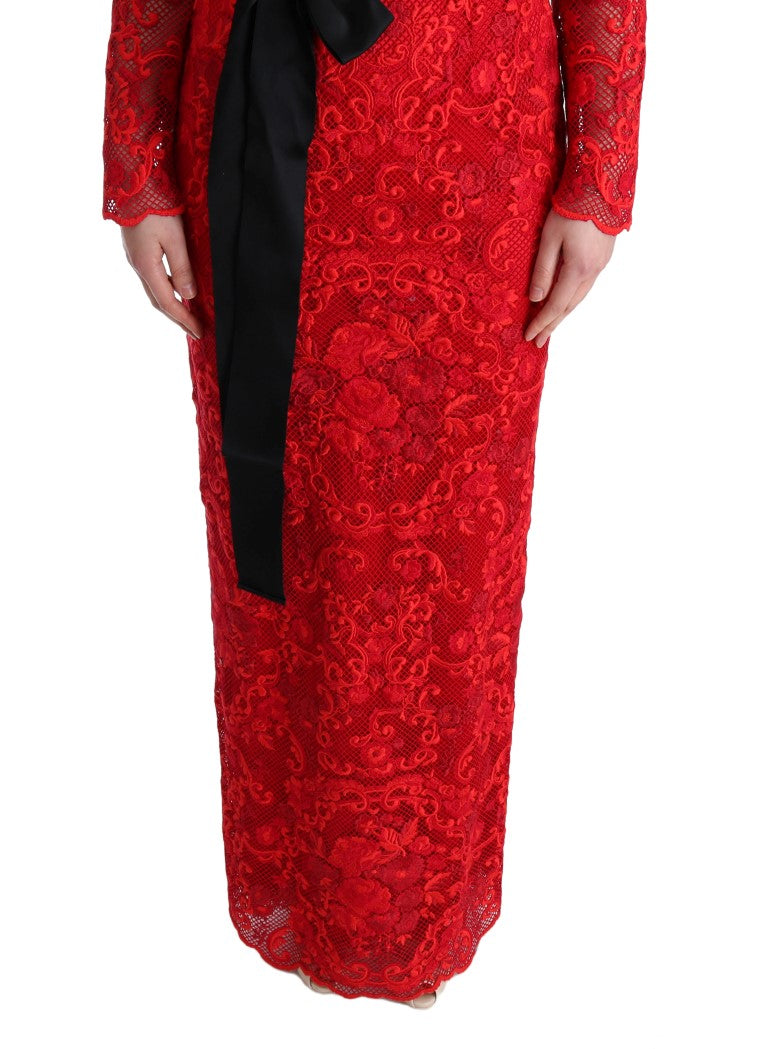 Dolce &amp; Gabbana – Langes Etuikleid „Ricamo“ mit rotem Blumenmuster