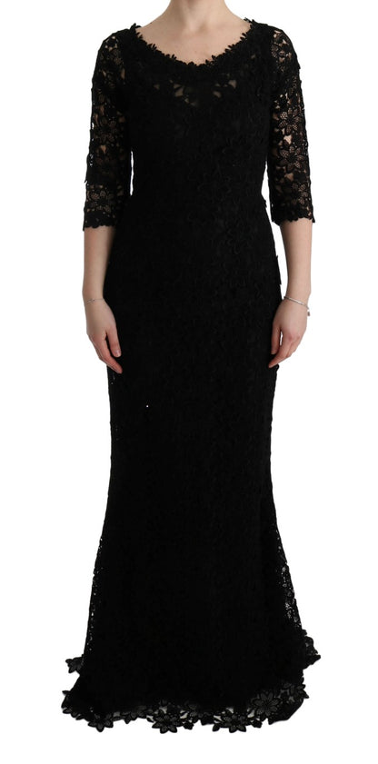 Dolce &amp; Gabbana – Langes Etuikleid „Ricamo“ mit Blumenmuster in Schwarz
