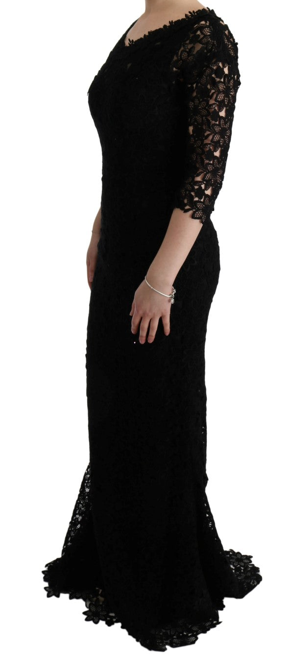 Dolce &amp; Gabbana – Langes Etuikleid „Ricamo“ mit Blumenmuster in Schwarz