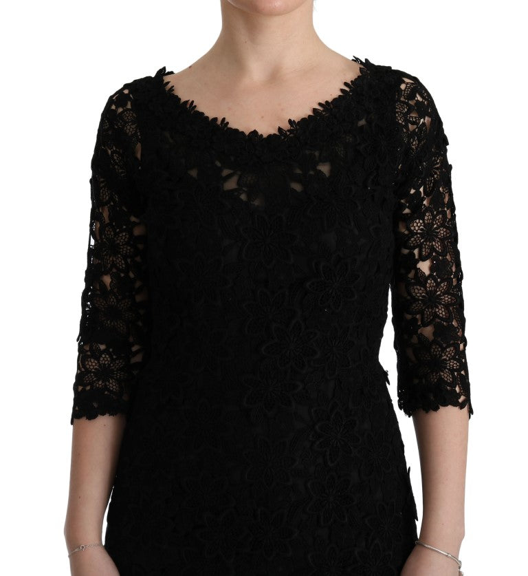Dolce &amp; Gabbana – Langes Etuikleid „Ricamo“ mit Blumenmuster in Schwarz
