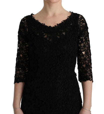 Dolce &amp; Gabbana – Langes Etuikleid „Ricamo“ mit Blumenmuster in Schwarz
