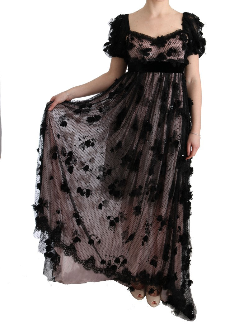 Dolce &amp; Gabbana – Etuikleid aus schwarz-rosa Seide mit Applikationen