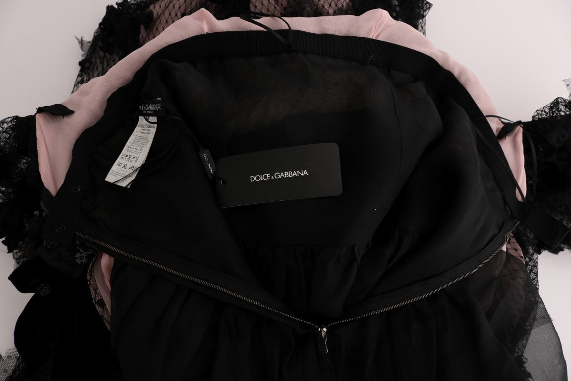 Dolce &amp; Gabbana – Etuikleid aus schwarz-rosa Seide mit Applikationen