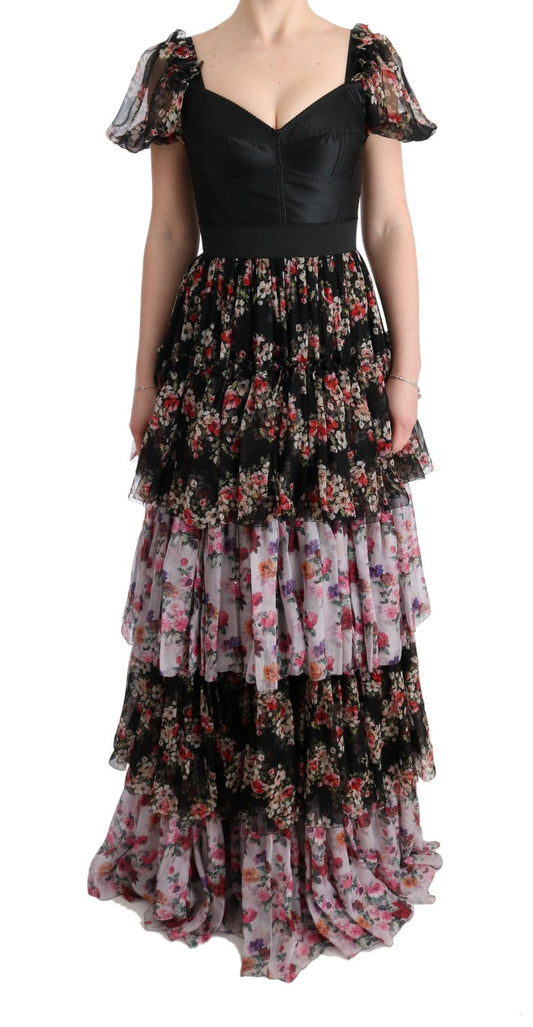 Dolce &amp; Gabbana – Langes Etuikleid aus mehrfarbiger Stretchseide mit Blumenmuster