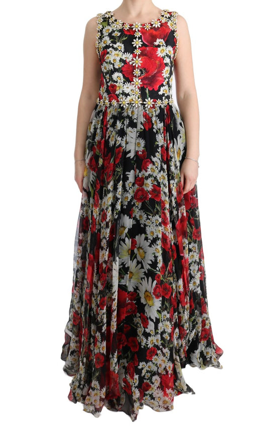 Dolce &amp; Gabbana, mehrfarbiges langes Maxikleid aus Seide mit Blumenmuster und Kristallen