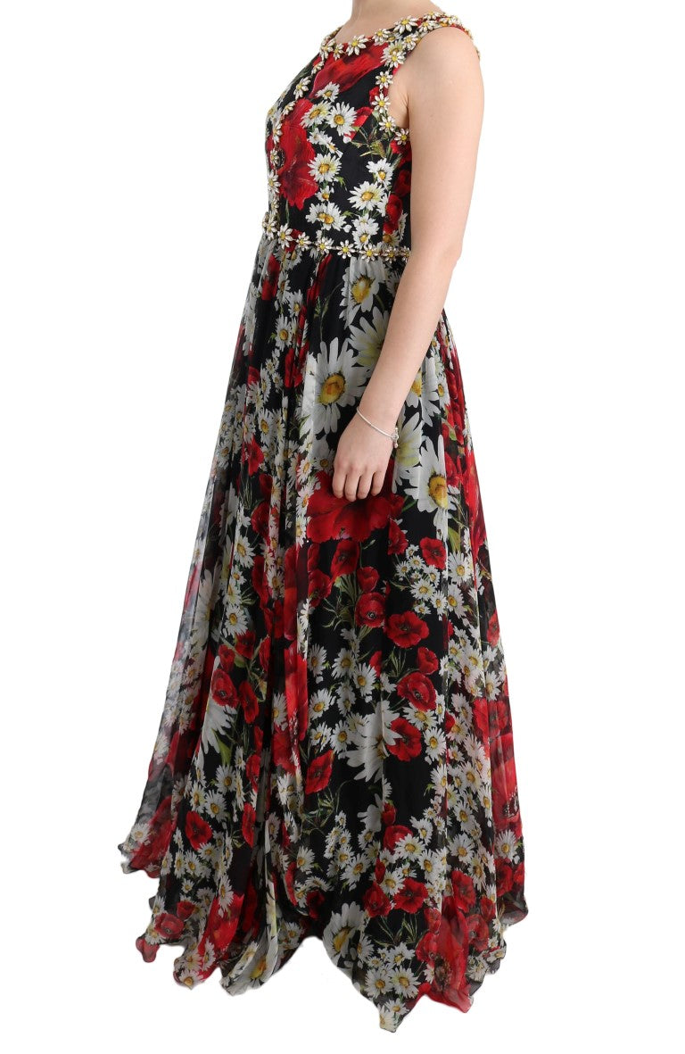 Dolce &amp; Gabbana, mehrfarbiges langes Maxikleid aus Seide mit Blumenmuster und Kristallen