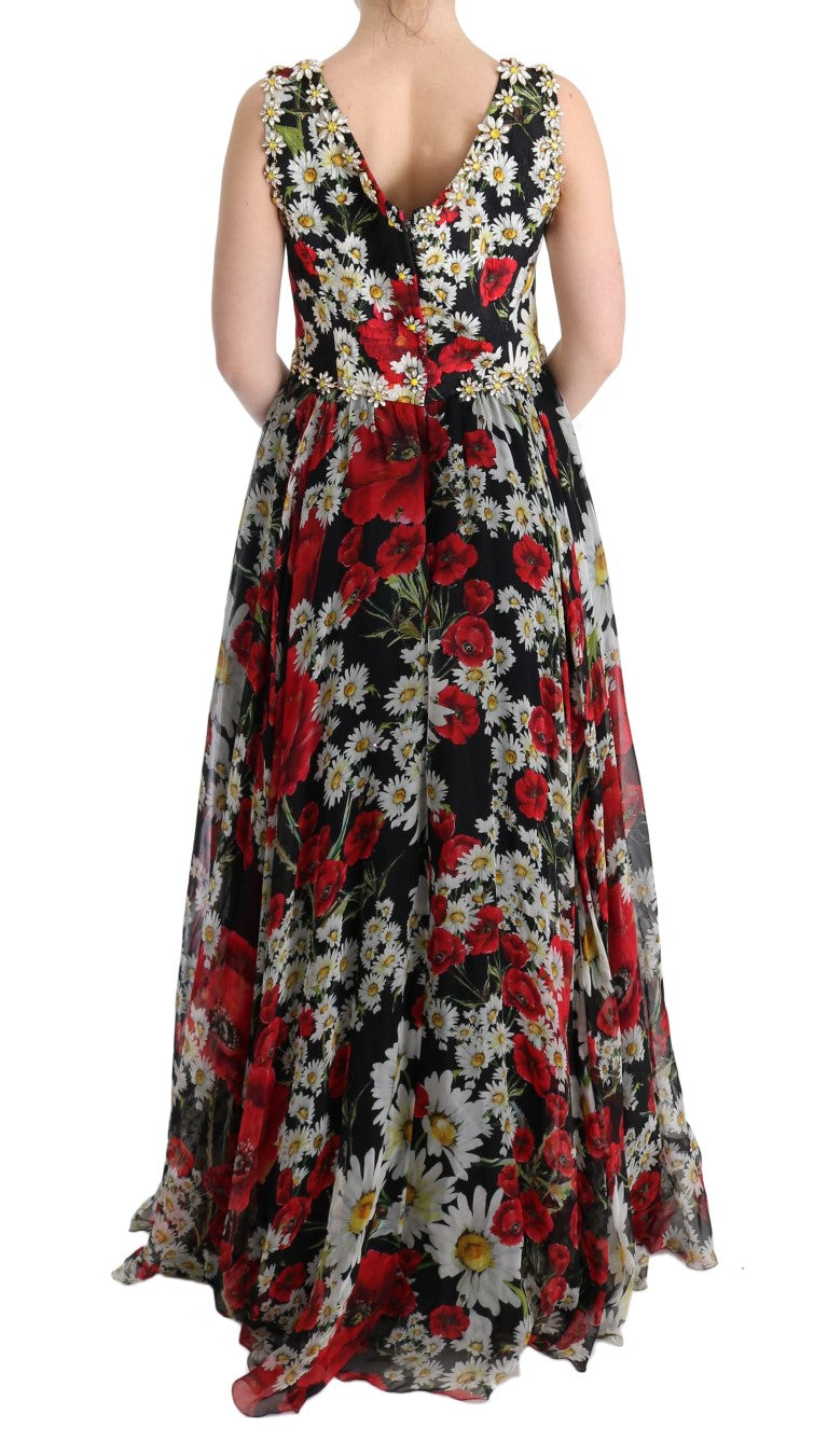 Dolce &amp; Gabbana, mehrfarbiges langes Maxikleid aus Seide mit Blumenmuster und Kristallen