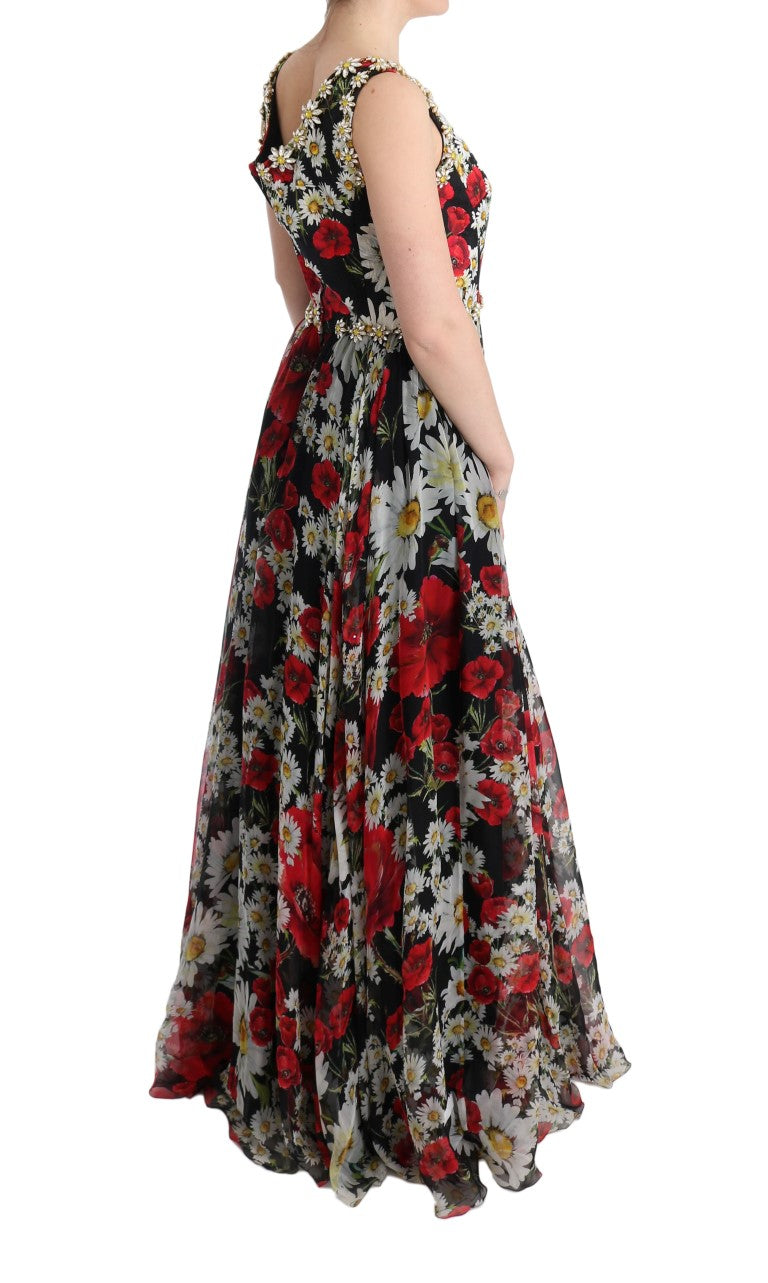 Dolce &amp; Gabbana, mehrfarbiges langes Maxikleid aus Seide mit Blumenmuster und Kristallen