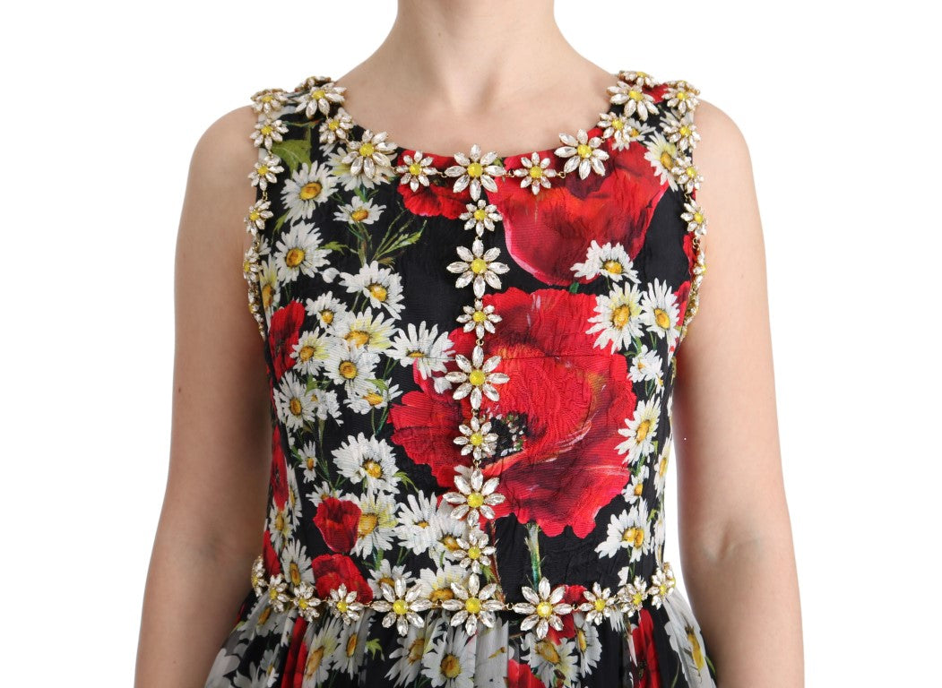 Dolce &amp; Gabbana, mehrfarbiges langes Maxikleid aus Seide mit Blumenmuster und Kristallen