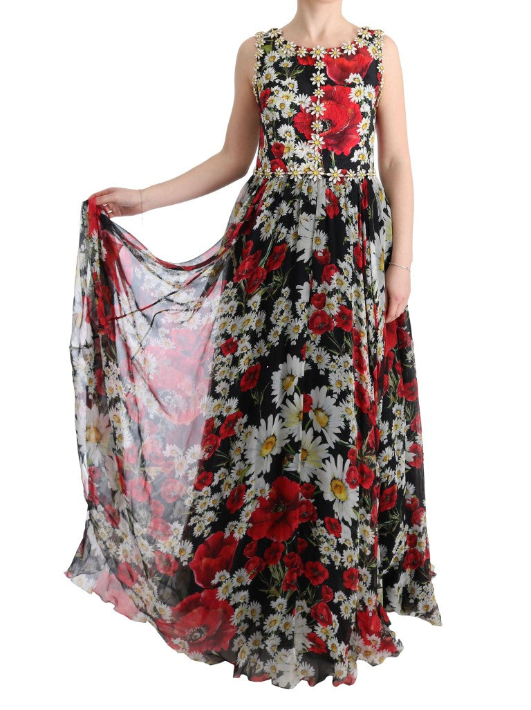 Dolce &amp; Gabbana, mehrfarbiges langes Maxikleid aus Seide mit Blumenmuster und Kristallen