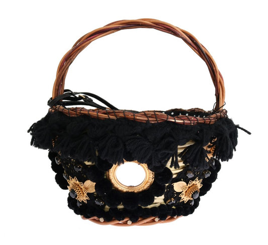 Dolce &amp; Gabbana Beige Stroh Schlangenhaut Pom Pom Kristall AGNESE Tasche