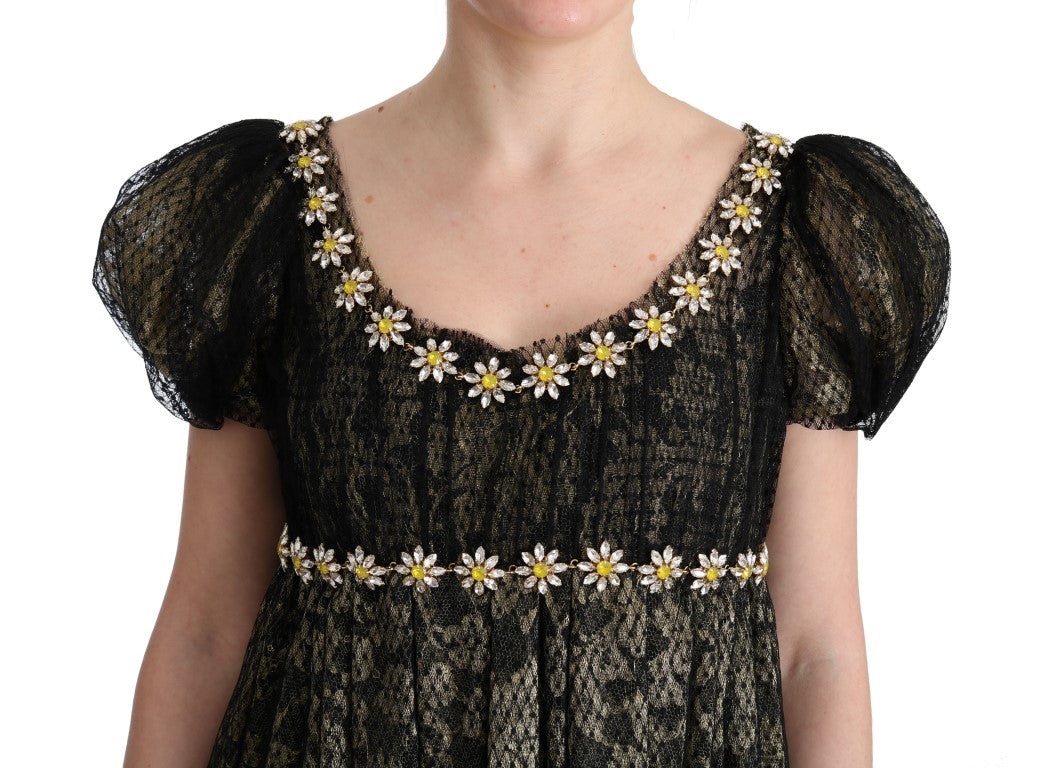 Dolce &amp; Gabbana – Schwarz-gelbes Etuikleid aus Kristallspitze