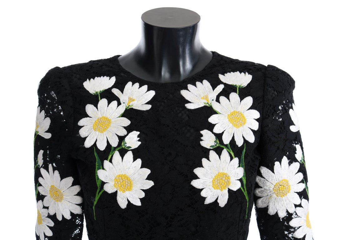 Dolce &amp; Gabbana Schwarzes Kamillen-Sizilienkleid mit Blumenspitze