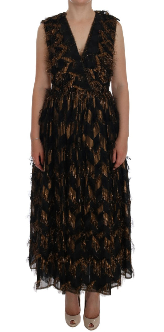 Dolce &amp; Gabbana – A-Linien-Kleid aus schwarzer Seide mit braunen Fransen