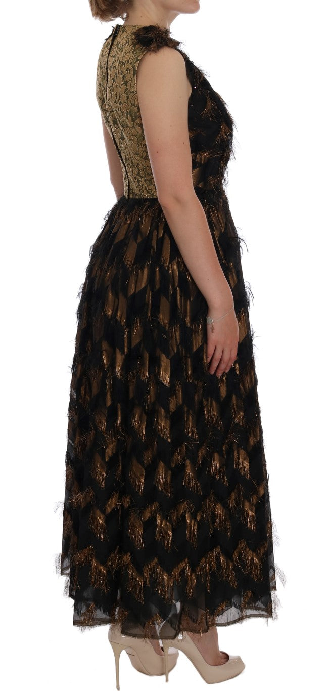 Dolce &amp; Gabbana – A-Linien-Kleid aus schwarzer Seide mit braunen Fransen
