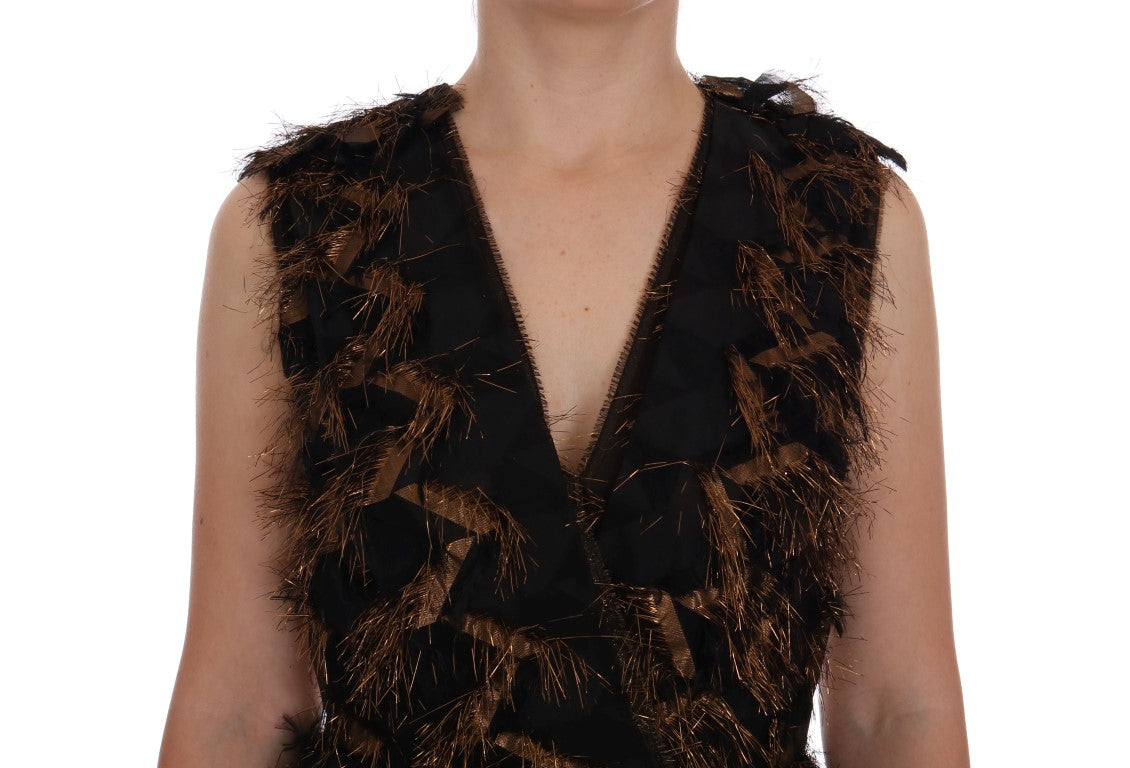 Dolce &amp; Gabbana – A-Linien-Kleid aus schwarzer Seide mit braunen Fransen