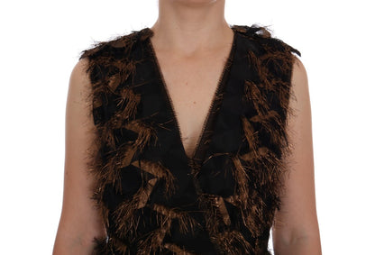 Dolce &amp; Gabbana – A-Linien-Kleid aus schwarzer Seide mit braunen Fransen