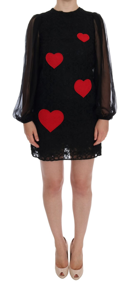Dolce &amp; Gabbana – Etuikleid aus schwarzer Spitze mit rotem Herz