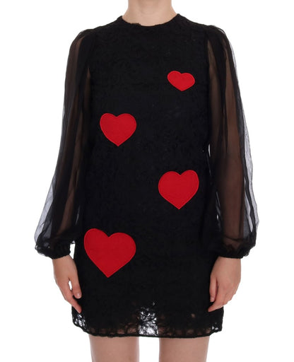 Dolce &amp; Gabbana – Etuikleid aus schwarzer Spitze mit rotem Herz