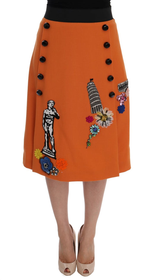 Dolce &amp; Gabbana – Orangefarbener Wollrock mit Kristall-Pailletten-Applikationen