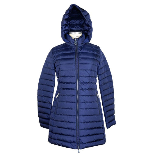 Elegante blaue Daunen-Pufferjacke mit Kapuze hinzufügen