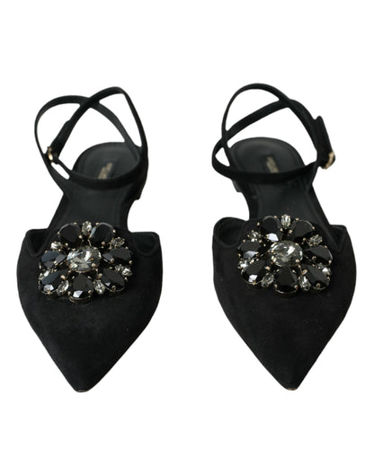 Dolce &amp; Gabbana Slingback-Sandalen aus schwarzem Leder mit Kristallen