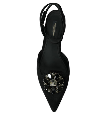 Dolce &amp; Gabbana Slingback-Sandalen aus schwarzem Leder mit Kristallen