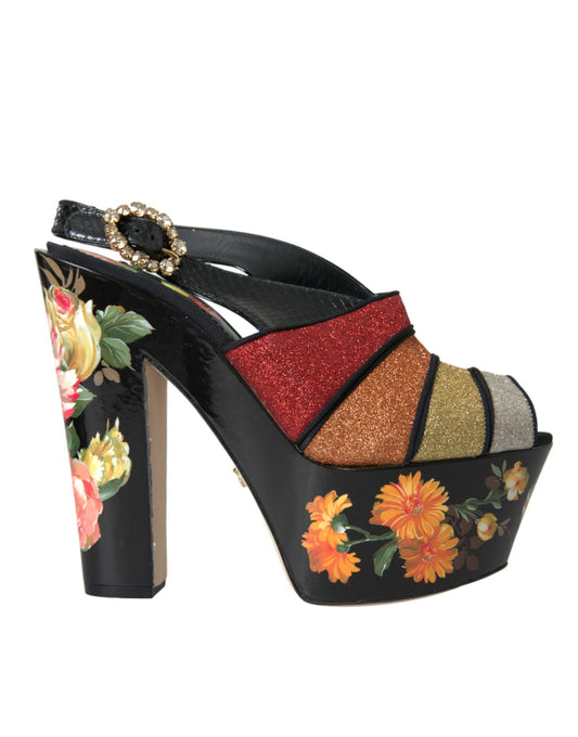 Dolce &amp; Gabbana Mehrfarbige Plateau-Sandalen mit Blumenmuster und Kristallen