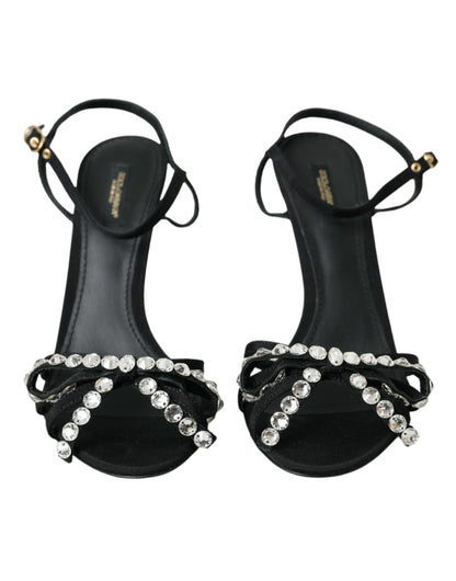 Dolce &amp; Gabbana Schwarze Viskose Kristallschleife Heels Sandalen Schuhe