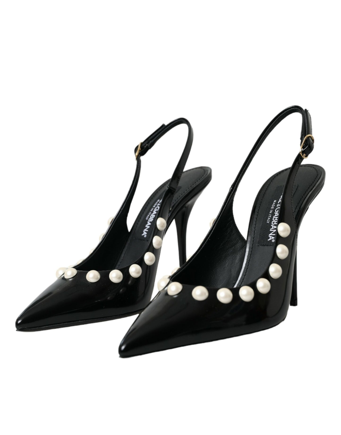Dolce &amp; Gabbana – Slingback-Schuhe aus schwarzem Leder mit Kunstperlenabsatz