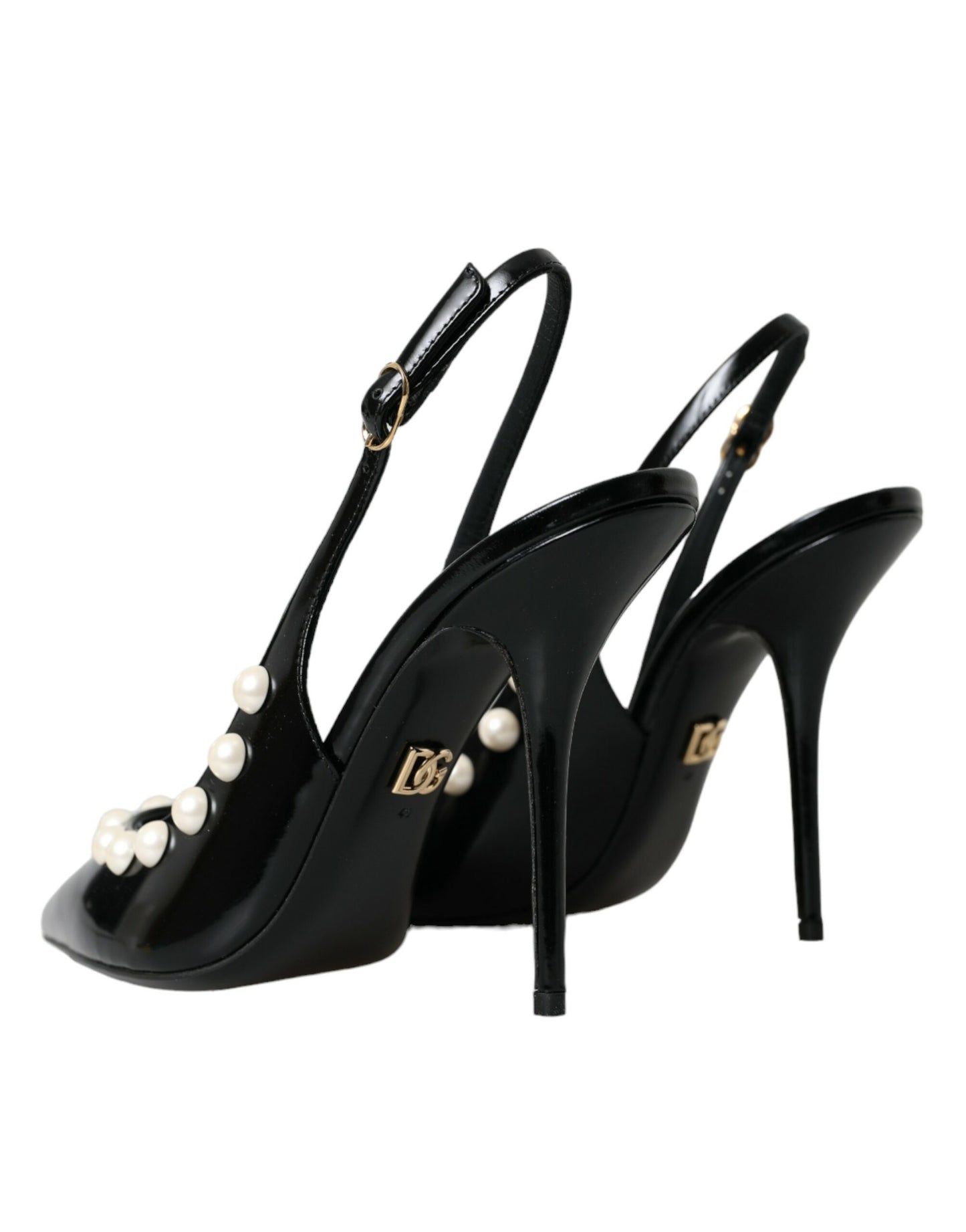 Dolce &amp; Gabbana – Slingback-Schuhe aus schwarzem Leder mit Kunstperlenabsatz