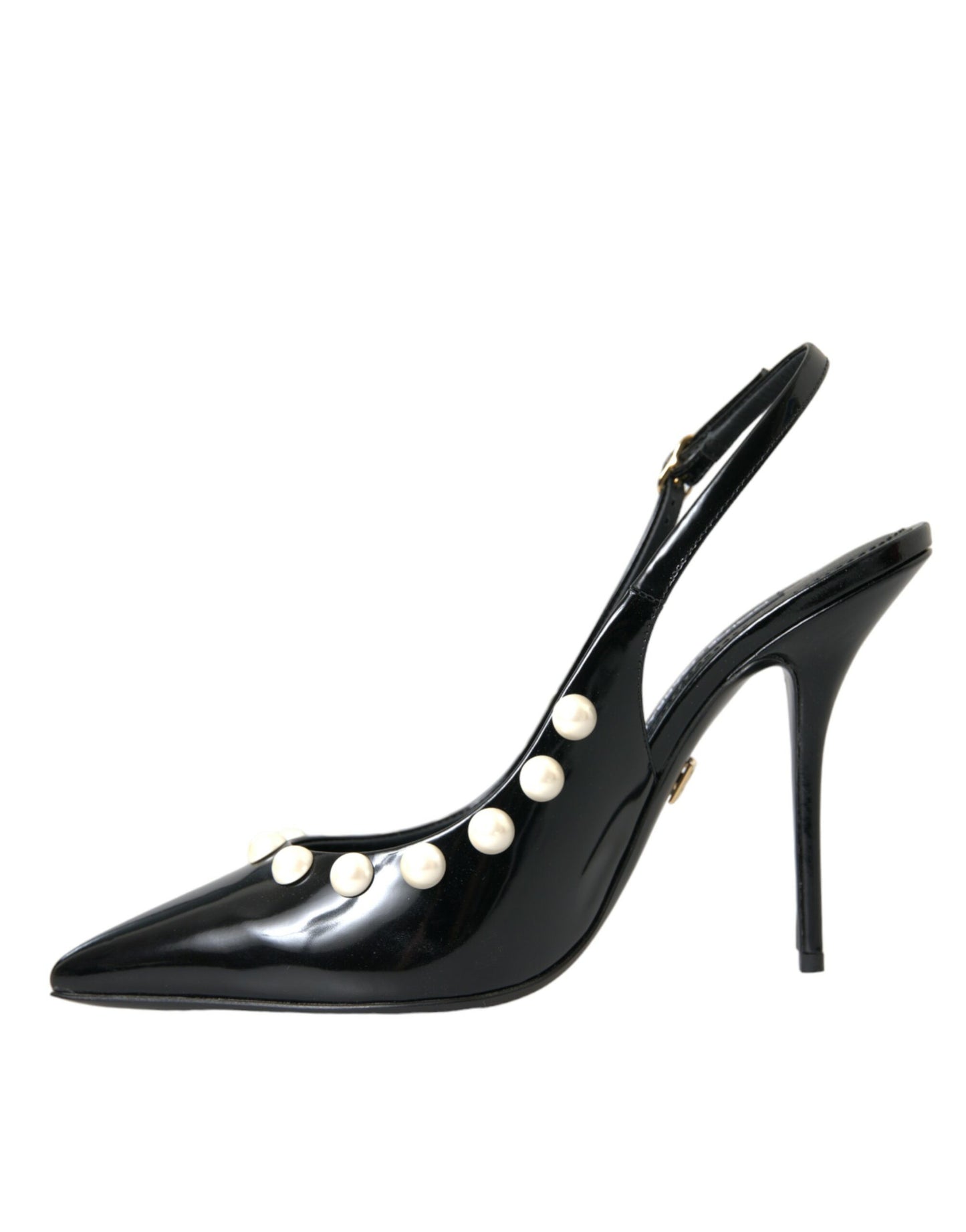 Dolce &amp; Gabbana – Slingback-Schuhe aus schwarzem Leder mit Kunstperlenabsatz