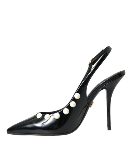 Dolce &amp; Gabbana – Slingback-Schuhe aus schwarzem Leder mit Kunstperlenabsatz