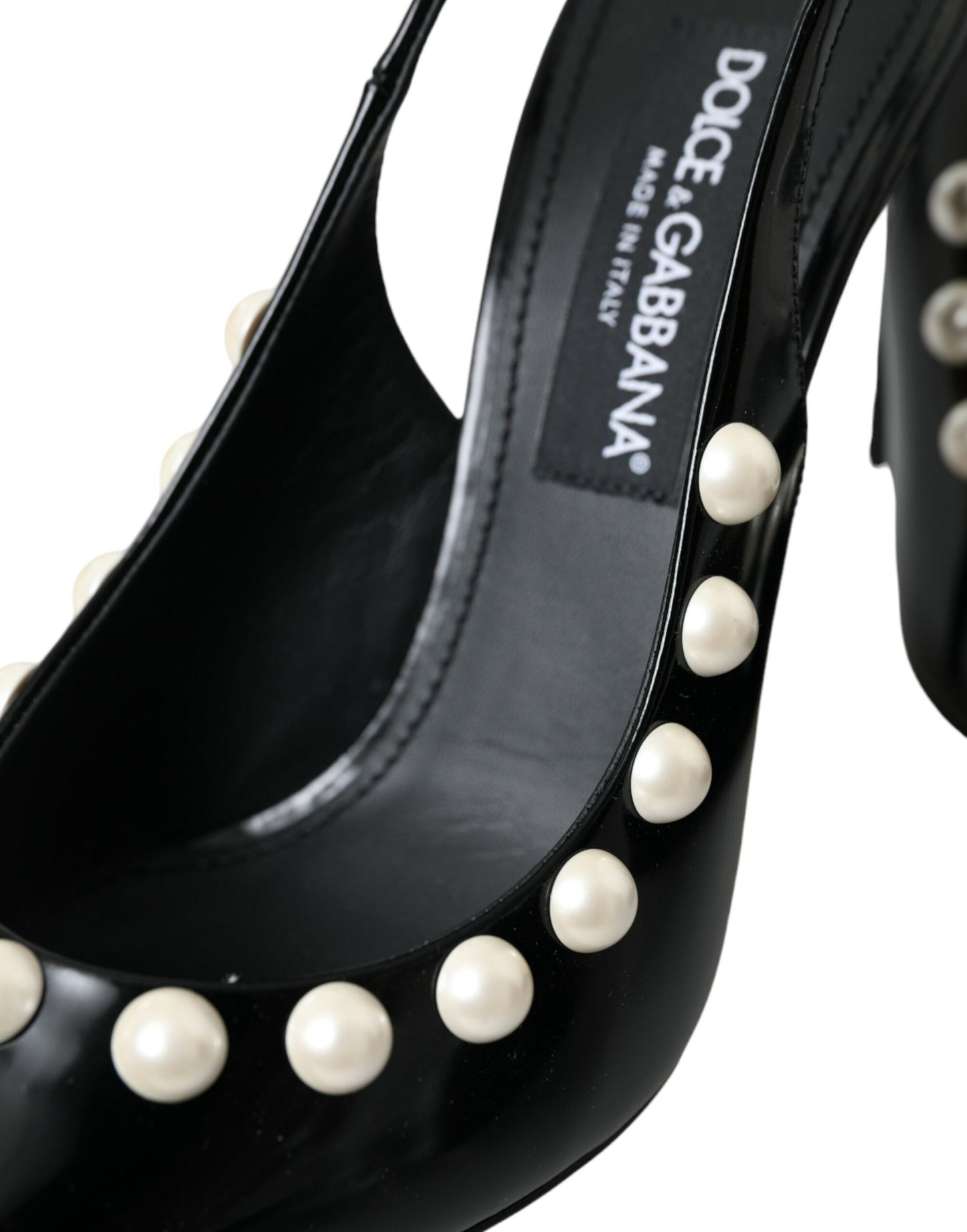 Dolce &amp; Gabbana – Slingback-Schuhe aus schwarzem Leder mit Kunstperlenabsatz
