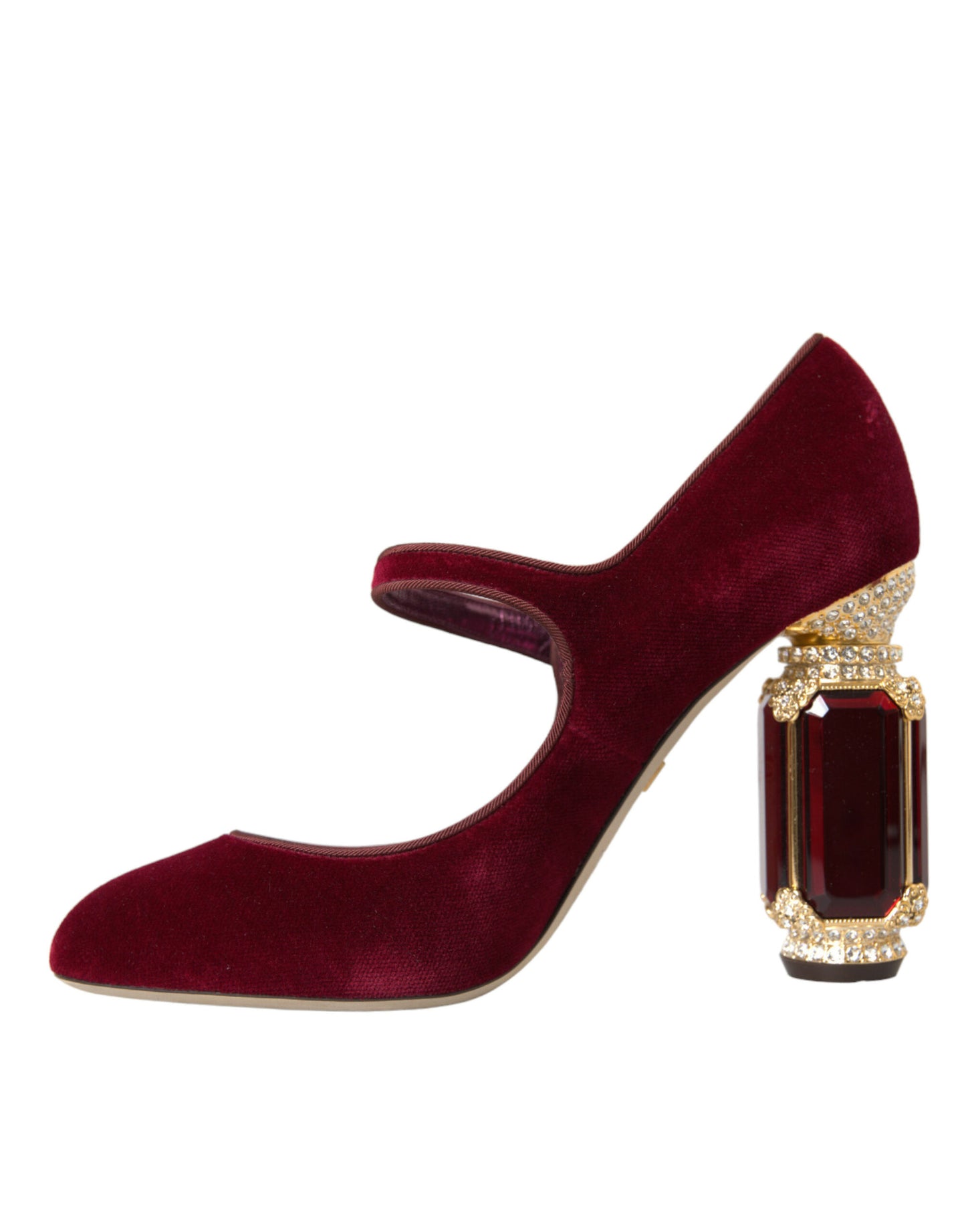 Dolce &amp; Gabbana Mary Jane-Schuhe aus rotem Samt mit goldenen Kristallen