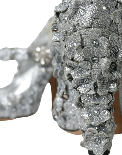 Dolce &amp; Gabbana – Mary-Jane-Pumps mit Blumenmuster und Kristallen in Silber