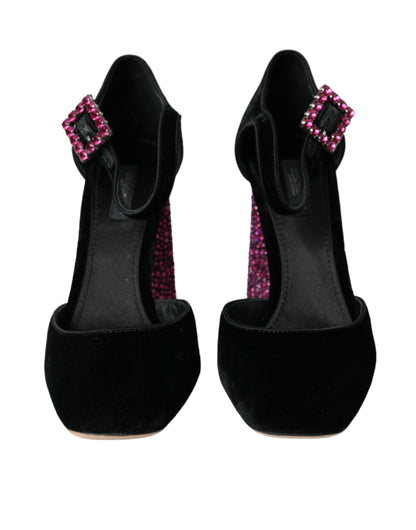 Dolce &amp; Gabbana – Mary Janes aus schwarzem Samt mit Strass und Kristallen