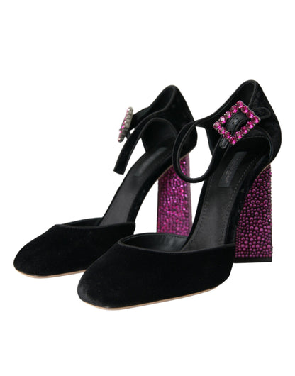 Dolce &amp; Gabbana – Mary Janes aus schwarzem Samt mit Strass und Kristallen
