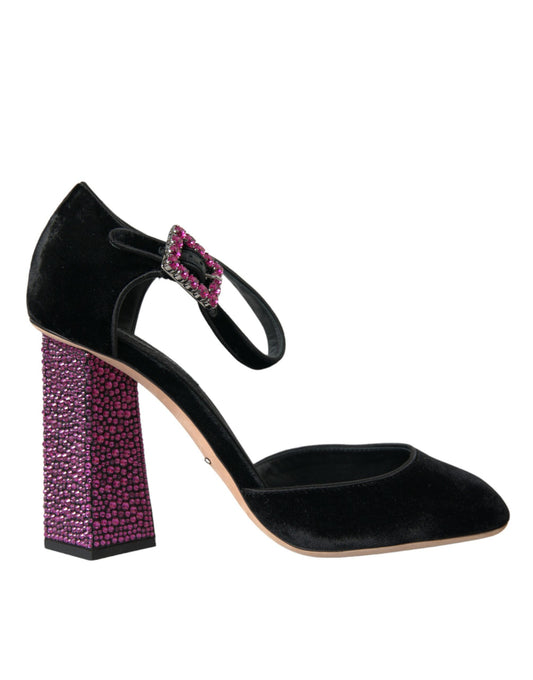 Dolce &amp; Gabbana – Mary Janes aus schwarzem Samt mit Strass und Kristallen