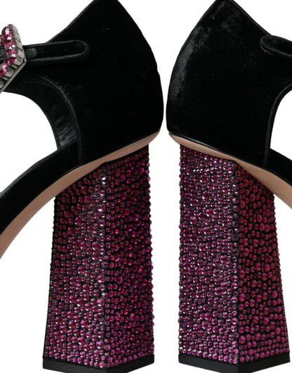 Dolce &amp; Gabbana – Mary Janes aus schwarzem Samt mit Strass und Kristallen