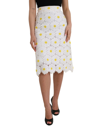 Dolce &amp; Gabbana Weißer, gerader Bleistiftrock aus Spitze mit Blumenmuster