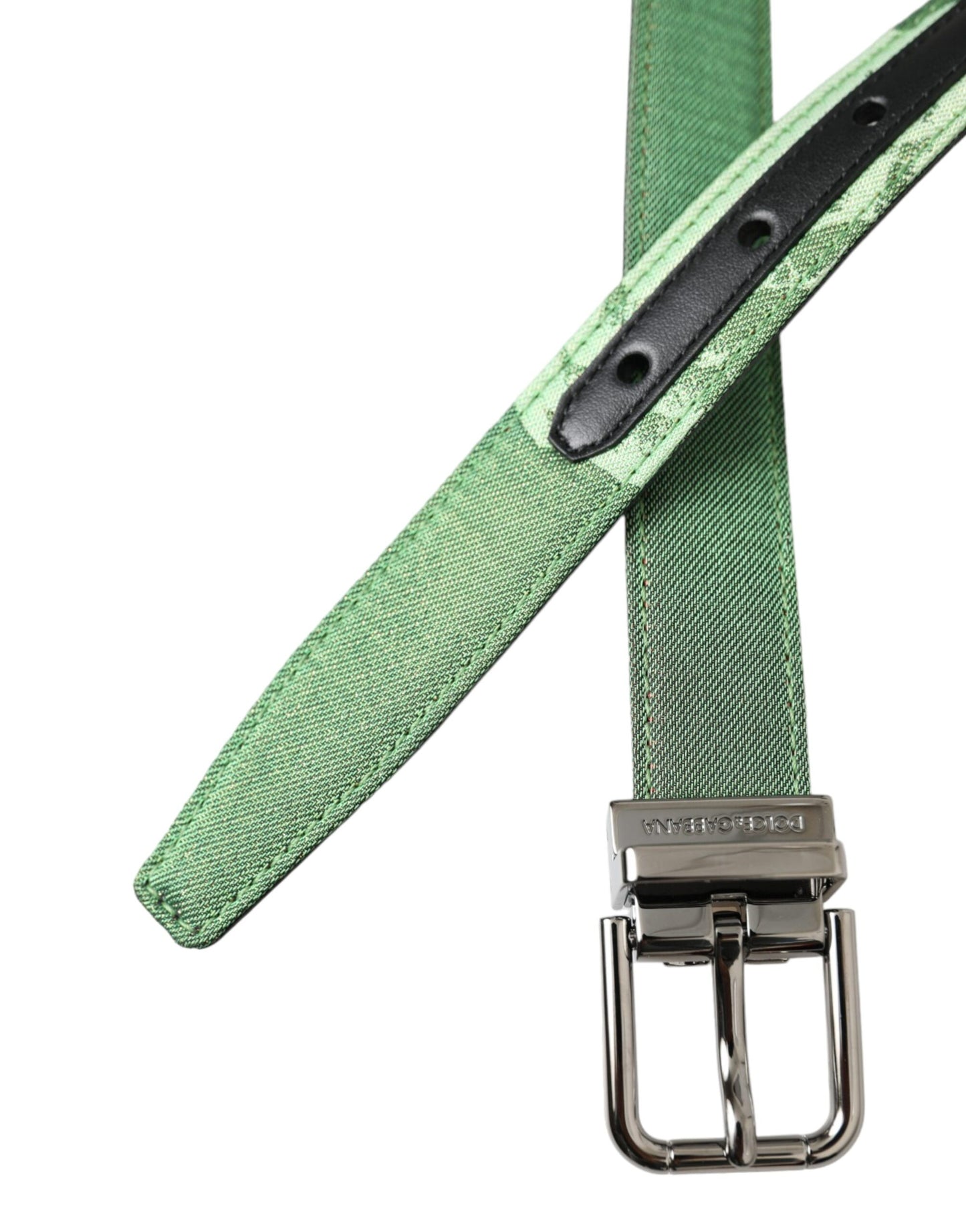 Dolce &amp; Gabbana Green Leather Jacquard Silver Metal Buckle Belt