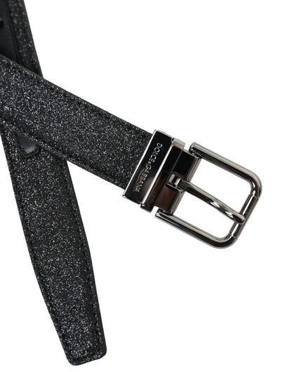 Dolce &amp; Gabbana – Schwarzer Glitzer-Ledergürtel mit silberner Schnalle