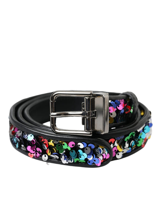 Dolce &amp; Gabbana Damengürtel mit schwarzer Paillettenschnalle aus silbernem Metall
