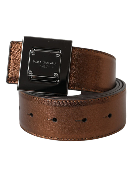 Dolce &amp; Gabbana Gürtel aus metallischem bronzefarbenem Leder mit quadratischer Metallschnalle