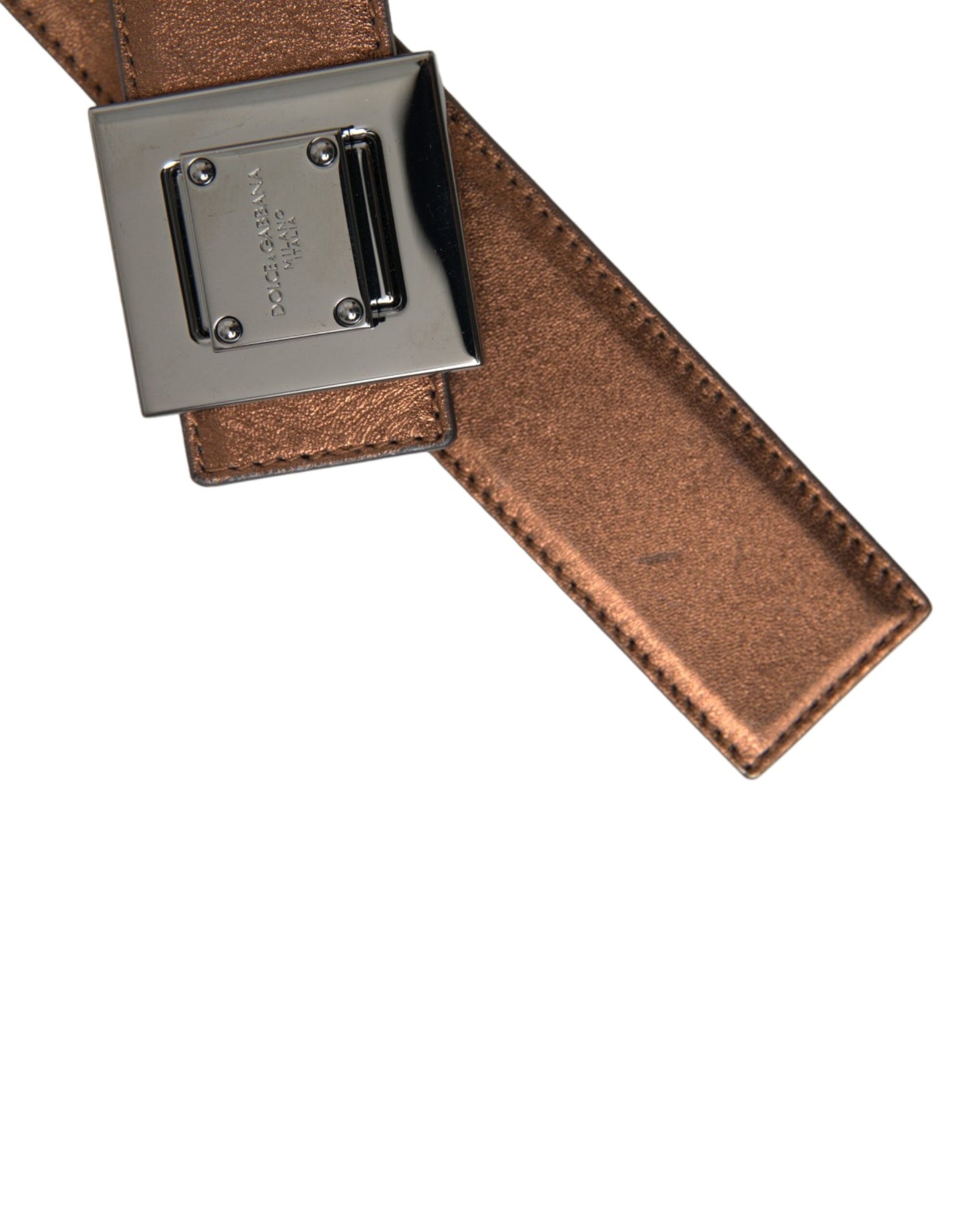 Dolce &amp; Gabbana Gürtel aus metallischem bronzefarbenem Leder mit quadratischer Metallschnalle