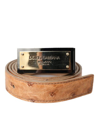Dolce &amp; Gabbana – Beigefarbener Ledergürtel mit goldfarbener Logo-Gravur